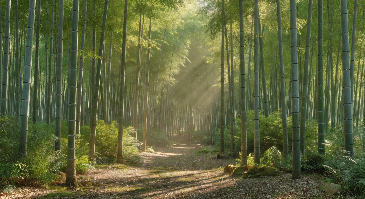 陽光が差し込む竹林